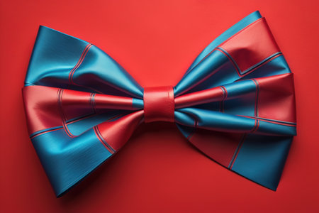 Blue bow tie on red background. Flat lay, top view. generative aiの素材