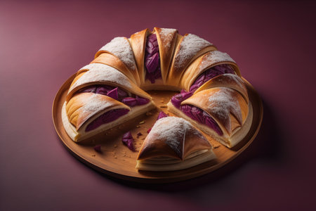 Croissant with red cabbage on a plate on a pink background. generative aiの素材