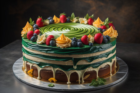 Birthday cake with chocolate frostingrated with fresh berries and mint leaves. generative aiの素材