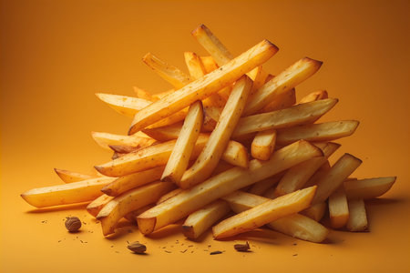 french fries on yellow background with some crumbs, closeup. generative aiの素材