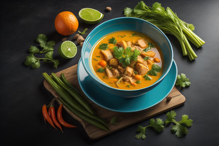 Creamy chicken soup with celery and carrots in blue bowl. generative aiの素材