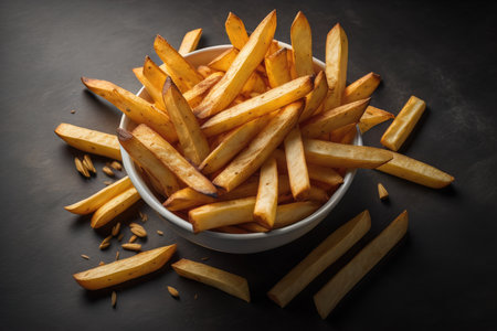 french fries in white bowl on black background, top view. generative aiの素材