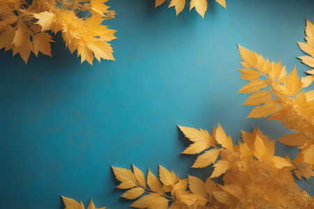 Autumn leaves on blue background, top view. generative aiの素材