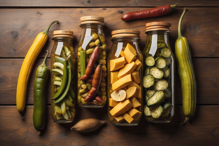 Pickled vegetables in glass jars on wooden background. Top view. generative aiの素材