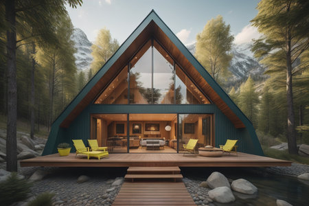 modern cozy chalet with pool and parking for sale or rent in forest. Mountain view in the background. generative aiの素材