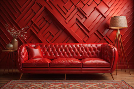 Red leather sofa and lamp in modern interior. generative aiの素材