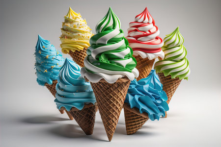 colorful ice creams in waffle cones on gray background. generative aiの素材