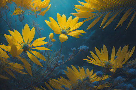 beautiful yellow flowers on a dark blue background, toned image.generative aiの素材