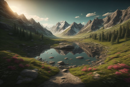 Beautiful landscape with lake and mountains. generative aiの素材