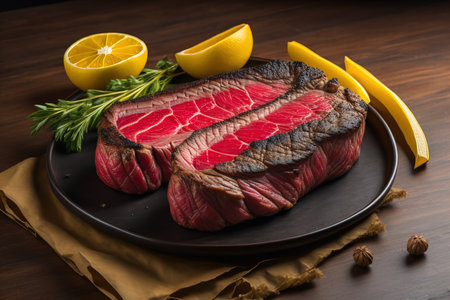 Sliced raw beef steak with lemon and rosemary on wooden background. generative aiの素材
