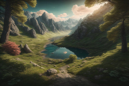 Fantasy landscape with lake and mountains in the background. generative aiの素材