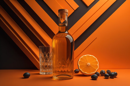 Bottle of brandy and two glasses on orange background. generative aiの素材