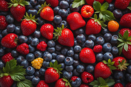 Background of fresh blueberries, strawberries, raspberries and blackberries. generative aiの素材