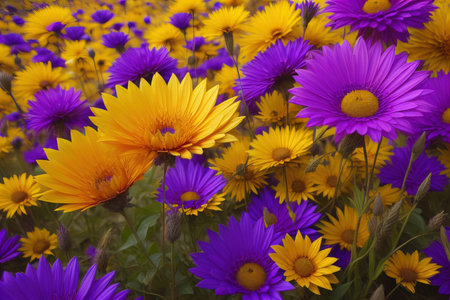 Colorful daisies in a field of yellow and purple flowers. generative aiの素材