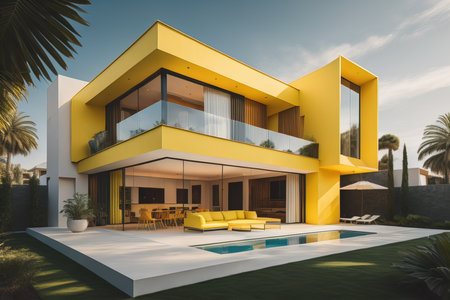modern cozy house with pool and parking for sale or rent in luxurious style. Sunset in the background. generative aiの素材