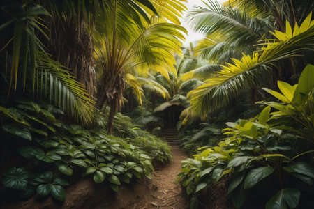 Tropical garden with palm trees and pathway in the rainforest. generative aiの素材