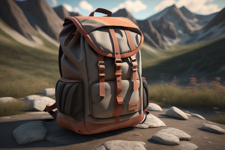 Backpack on the stone in the mountains. generative aiの素材