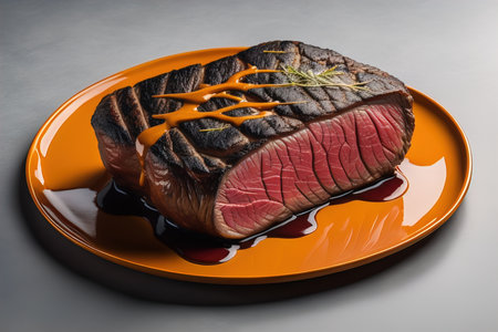 Grilled beef steak with sauce on a plate on a gray background. generative aiの素材