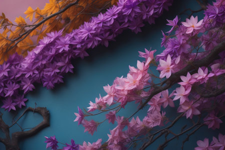 Beautiful pink flowers on blue background. Pink flowers on blue background. generative aiの素材