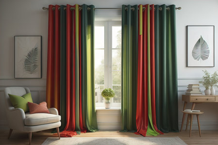 Interior of modern living room with red and green curtains, generative aiの素材
