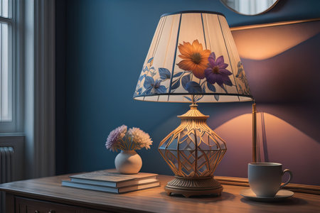 Lamp and books on the table. generative aiの素材