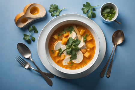 Chicken soup in bowl on blue background. Top view, flat lay. generative aiの素材