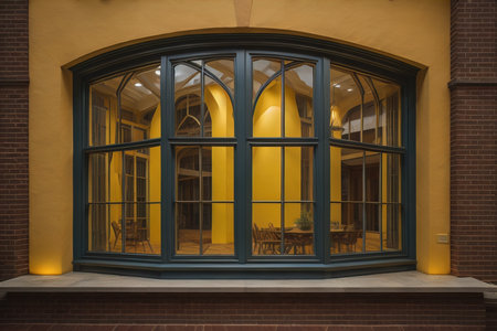 Old fashioned window with yellow wall and wooden table in the foreground. generative aiの素材