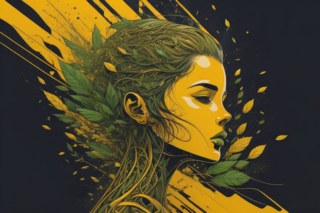 Beautiful woman face with green leaves on a black background. Vector illustration. generative aiの素材