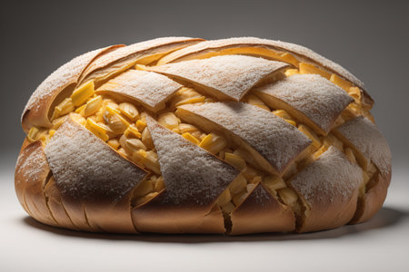 Closeup of a freshly baked bread on grey background. Shallow depth of field. generative aiの素材