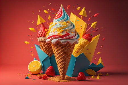 Ice cream cone with fruits and confetti on red background. generative aiの素材