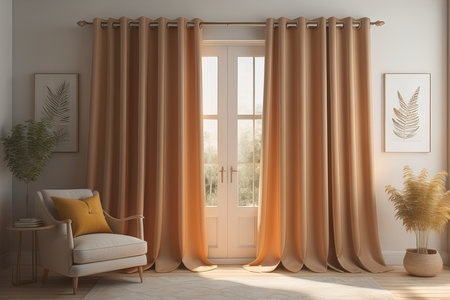 Living room interior with curtains, armchair and plant. generative aiの素材