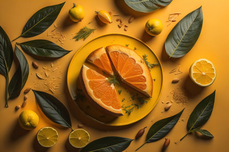 Orange cake with slices of lemon and green leaves on yellow background. generative aiの素材