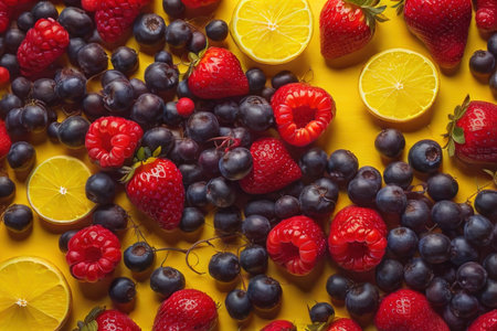 Fruits and berries on a yellow background. Flat lay, top view. generative aiの素材