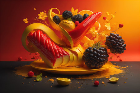 Fruit cake with fruits and berries on a dark background. Toned. generative aiの素材