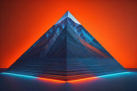 Pyramid with blue neon lights on orange background. generative aiの素材