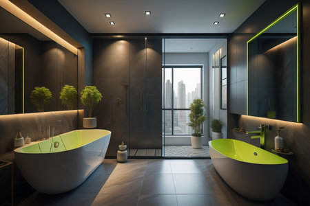 Luxury bathroom interior with black and green walls, tiled floor, white bathtub and panoramic window. generative aiの素材
