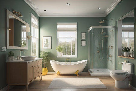 Interior of modern bathroom with green walls, wooden floor, comfortable bathtub standing near the window. generative aiの素材