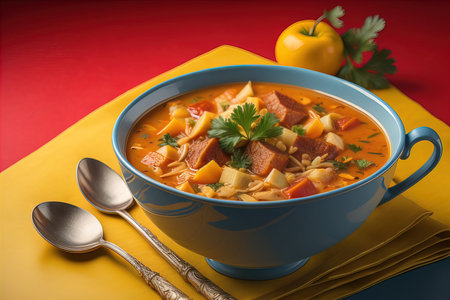Cabbage soup with meat and vegetables in blue bowl on red background. generative aiの素材