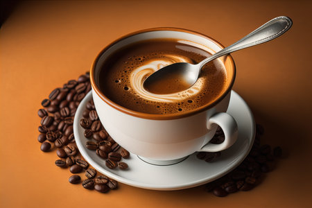 Cup of coffee with foam and coffee beans on a brown background. generative aiの素材