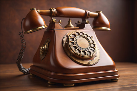 Retro telephone on wooden table. Vintage telephone on wood background. generative aiの素材