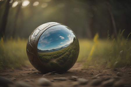 Reflection of a soccer ball in a glass ball in a field. generative aiの素材