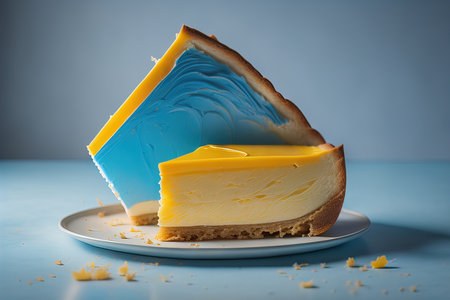 Cheesecake with yellow and blue cheese on a blue background. generative aiの素材