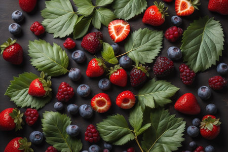 Strawberries, blueberries, raspberries and blackberries on a dark wooden background. Top view. generative aiの素材