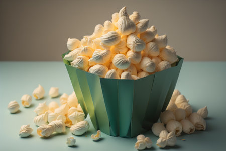 Delicious popcorn in paper cup on light blue table, closeup. generative aiの素材