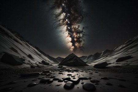 Fantasy alien planet. Mountain and sky with stars. generative aiの素材