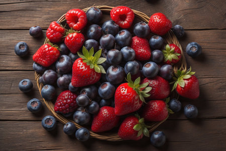 Strawberries and blueberries in a basket on a wooden background. generative aiの素材