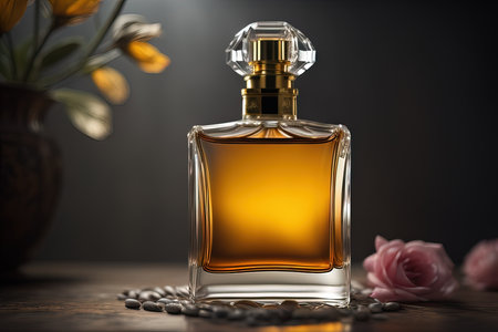Perfume bottle with flowers on wooden table, close-up. generative aiの素材
