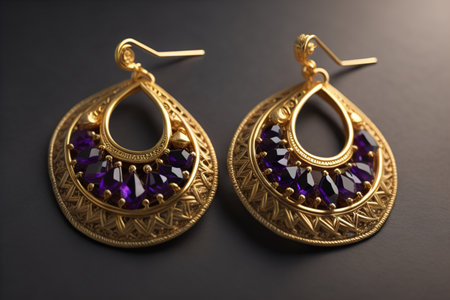 Gold earrings with precious stones on a dark background close-up. generative aiの素材
