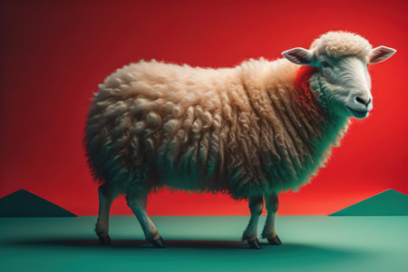 Sheep on a red background. Photo in old color image style. generative aiの素材