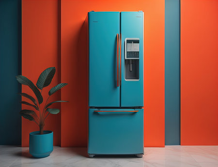 Modern blue fridge standing in front of orange wall. generative aiの素材